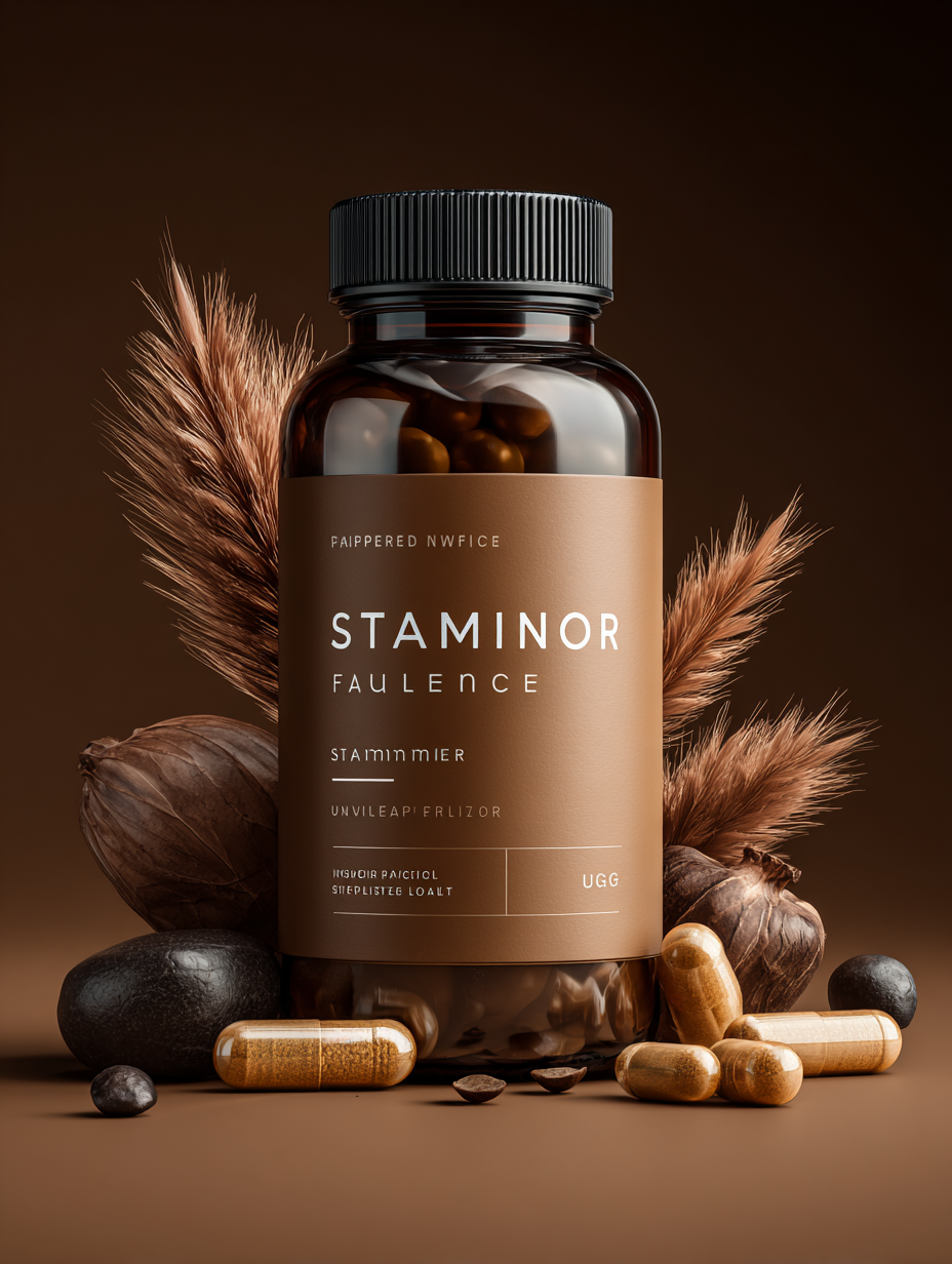 Balenie Staminor - prírodný doplnok výživy pre mužov v modrom obale s 60 kapsulami, postavený na neutrálnom pozadí, profesionálne produktové foto